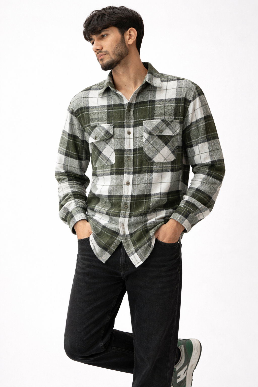 Green Plaid Flannel Shirt — Oversized Fit, Large Check | Grey Sky