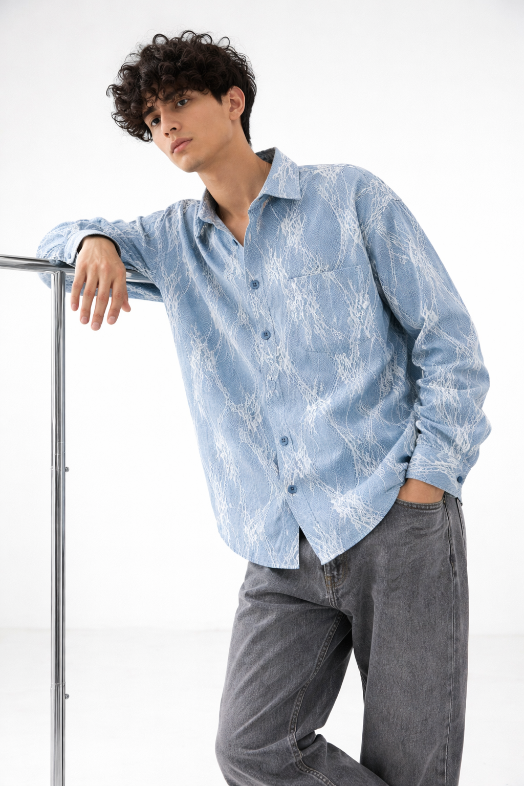 CORTEX Net-Texture Denim Overshirt — Washed Blue | Grey Sky