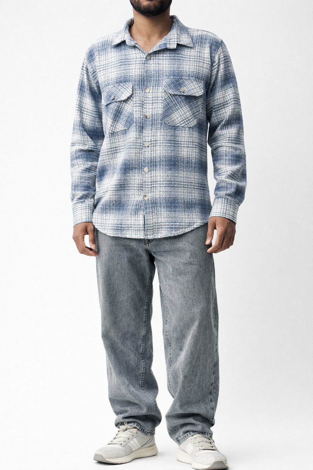 Men's Washed Blue Flannel Shirt | Dual-Pocket Plaid, Relaxed Fit — Grey Sky