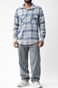 Men's Washed Blue Flannel Shirt | Dual-Pocket Plaid, Relaxed Fit — Grey Sky