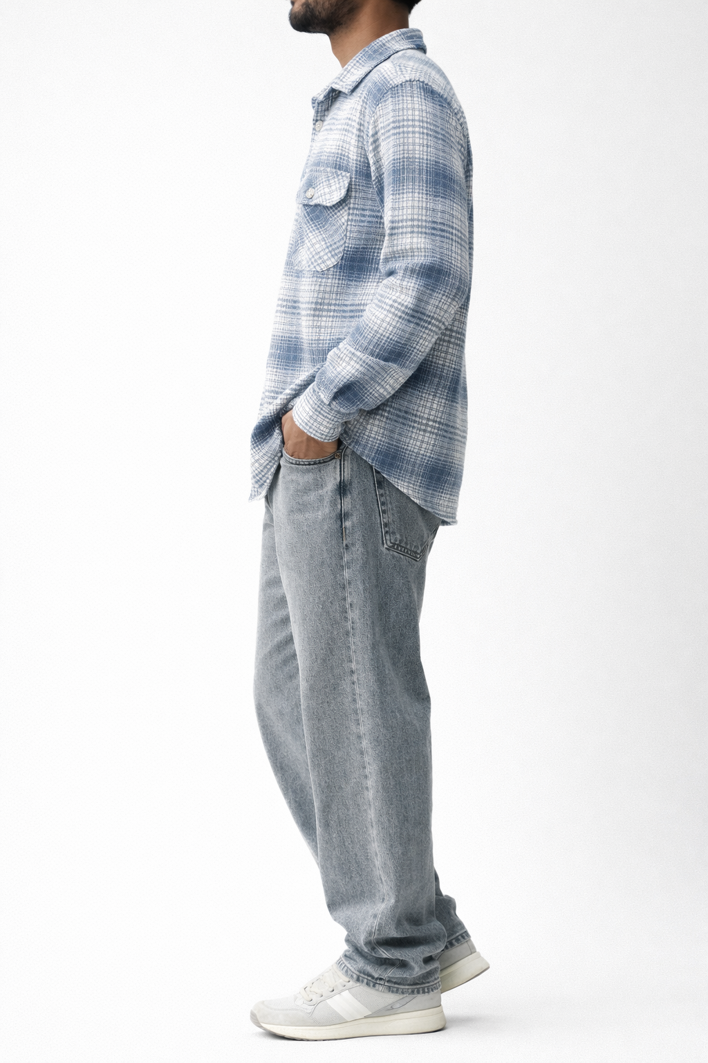 Men's Washed Blue Flannel Shirt | Dual-Pocket Plaid, Relaxed Fit — Grey Sky